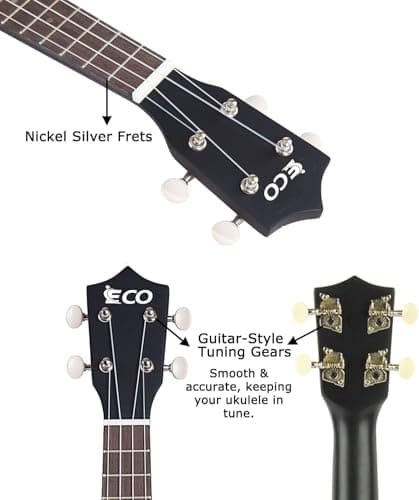 iECO Soprano Ukulele Beginner Kit Adults 21 Inch Ukelele w/Case Strap Tuner Strings Picks (Black)