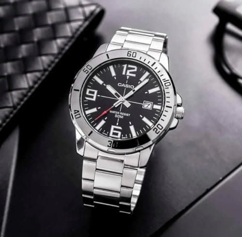 Casio MTP-VD01D-1BV Men's Enticer Stainless Steel Black Dial Casual Analog Sporty Watch, Silver, 48×42×10.7mm, Quartz Movement