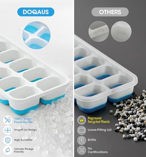 DOQAUS Ice Cube Tray with Lid and Bin - 4 Pack Silicone Ice Cube Trays for Freezer, Stackable Ice Bucket Kits with Storage Container & Scoop for Kitchen, RV, Cocktail, Coffee