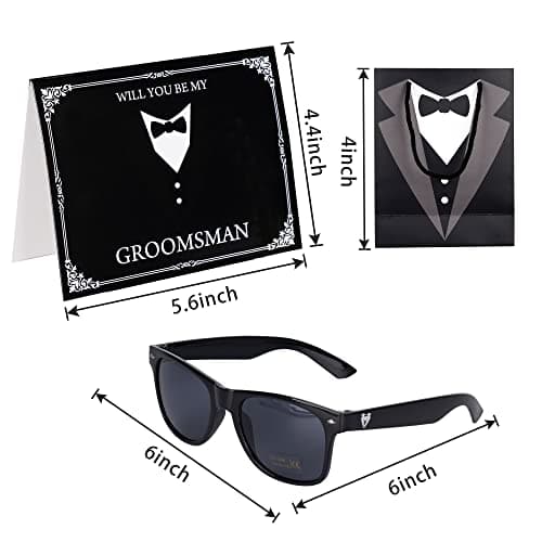 6 Pieces Groomsmen Gifts Set : 1 Pcs 8oz Stainless Steel Tuxedo Flask 1 Pcs Poker Bottle Cap Opener 1 Pcs Groomsmen Gauge Glasses 1 Pcs Sunglasses 1 Pcs Card 1 Pcs Groomsmen Gift Bags for Wedding B0C2Y9C42C