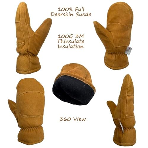 SKYDEER Premium Full Deerskin Suede Leather Soft Winter Mittens, Extra Warm 100G 3M Thinsulate, Thermal Insulated (SD3671M)