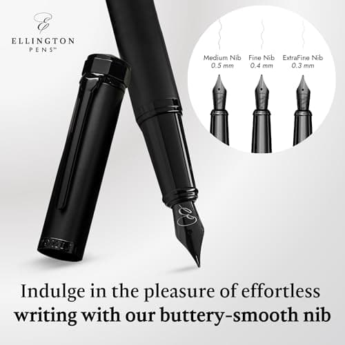 Ellington Pens Luxury Fountain Pen Set - Fountain Pen For Writing - Smooth Medium Nib - Includes Refillable Ink Converter, 3 Ink Cartridges, Gift Box - Calligraphy, Journaling, Sketching (The Stealth)