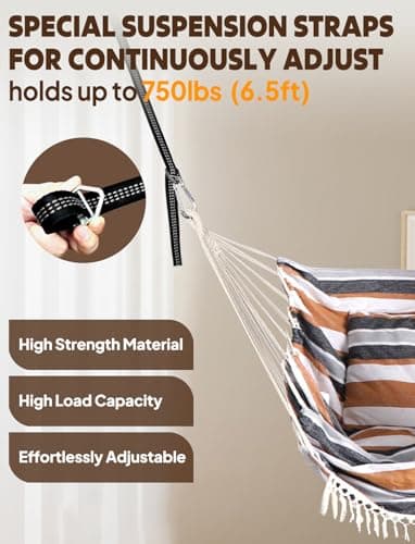 Chihee Hammock Chair Hanging Swing 2 Pillows Included,Strong Webbing Straps and Hooks for Easy Hanging Soft Cotton Hanging Chair Side Pocket Tassel Chair Comfort Indoor Outdoor Brown Stripes