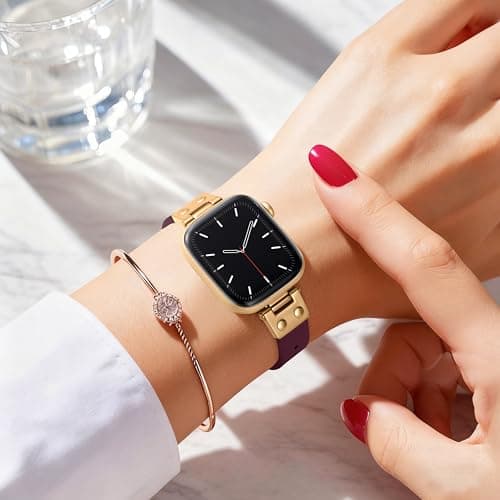 SNBLK Slim Leather Band Compatible with Apple Watch Bands for Women 40mm 41mm 42mm 44mm 46mm 49mm 38mm 45mm, Dressy Top Grain Genuine Leather Strap for iWatch SE Series 11/10/9/8/7/6/5/4/3/2/1 Ultra