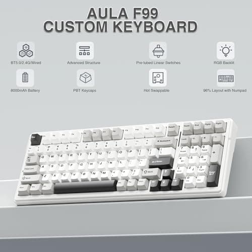 AULA F99 Wireless Mechanical Keyboard,Tri-Mode BT5.0/2.4GHz/USB-C Hot Swappable Custom Keyboard,Pre-lubed Linear Switches,RGB Backlit Computer Gaming Keyboards for PC/Tablet/PS/Xbox