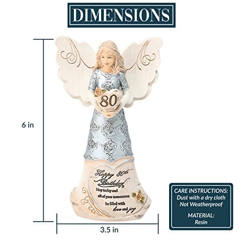 Pavilion 'Happy 80th Birthday' 82475 Elements Angels - Polyresin Birthday Angel Figurine - Silver Hand-Painted Remembrance and Keepsake Gift Angel for Grandmothers, Mothers, Aunts, Friends, Women