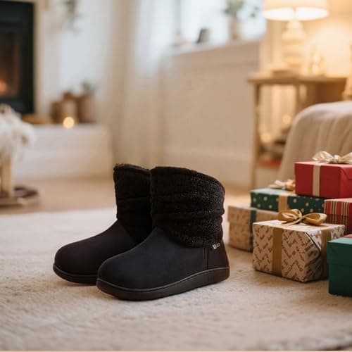 LongBay Women's Warm Chenille Knit Bootie Slippers Memory Foam Comfy Suede Fluffy Faux Fur Boots House Shoes