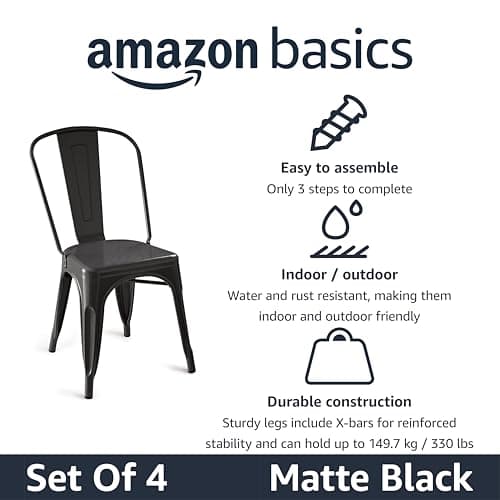 Amazon Basics Metal Dining Chairs, Easy to Assemble, Indoor/Outdoor, Stackable, Matte Black, 4-Pack