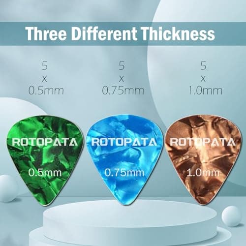 ROTOPATA Guitar Picks with Organizer Storage Box, 0.5 0.75 1.0 mm Thin Medium Heavy Plectrums, Colorful Celluloid Guitar Accessories for Bass Electric Acoustic Guitars Ukulele, 15 Pack