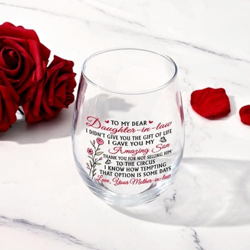 Futtumy Funny Daughter in Law Gifts, To My Dear Daughter-in-laws Stemless Wine Glass for Son's Wife, Mothers Day Birthday Christmas Gifts from Mother-In-Laws, 17 oz