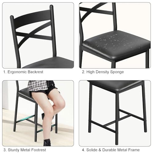22" Bar Stools Set of 4, Counter Height Bar Stools with PU Upholstered Seat, Metal Frame Kitchen Bar Chairs with X-Design Back and Footrest for Kitchen Island, Counter Bar, Dining Room, Black