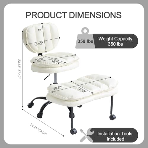 Cross Legged Office Chair – 360° Swivel ADHD Chair for Adults, Ergonomic Meditation seat with Wheels & Retractable Footrest, Height Adjustable Seat for Yoga Gaming Home Office – White