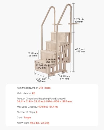 VEVOR Swimming Pool Ladder, 4-Step Double Handrails Stairs with Non-Slip Heavy Duty Steps, Max Load Capacity 400 lbs, for 48-54 in Inground & Above-Ground Pools of Any Decking Surface, Taupe
