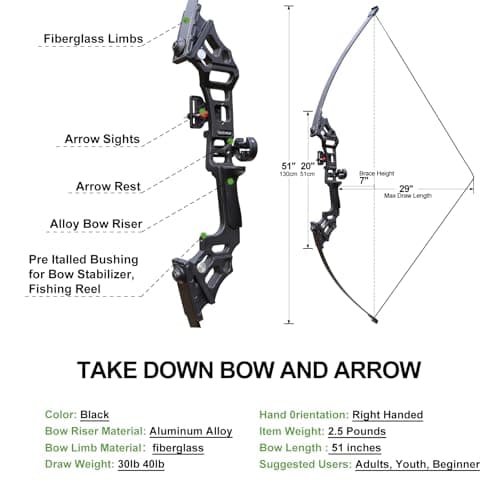 Archery Bows and Arrows Set for Adults, Recurve Bow Set for Adult Beginner & Youth, Takedown Hunting Bow and Arrow Set Outdoor, 30 40 Lbs Right Hand, Aluminum Alloy Bow Riser