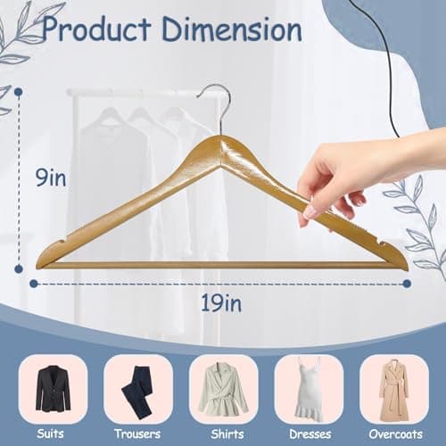 King Mills 19 Inch Plus Size Hangers, Extra Wide Hangers for Plus Size Clothes, Ganchos para Colgar Ropa, Ideal for XL, XXL Shirts, Coats, Dresses, Etc. Wood. Natural 20pk