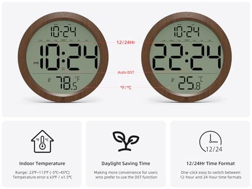 Digital Wall Clock with Date, Indoor Temperature, Auto-DST, Battery-Operated Digital Clock, 8 Inch Small Decorative Wood Wall Clock for Bedroom, Living Room, Kitchen, Office, Modern, Electric, Simple