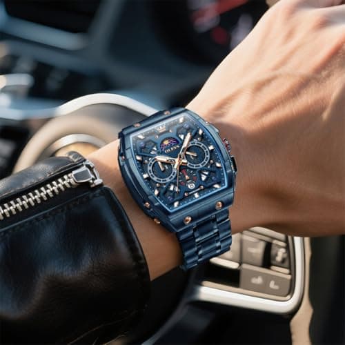 OLEVS Watches for Men Analog Quartz Luxury Diamond Waterproof Chronograph Stainless Steel Big Face Square Date Moon Phase Roman Numeral Dress Watch for Men