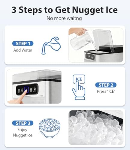 Nugget Ice Maker 40lbs/Day, Countertop Ice Maker Soft Chewable Ice, Ice Makers One-Click & Self-Cleaning, Crushed Pellet Ice Machine with Scoop&Basket for Home/Kitchen/Office, Stainless Silver