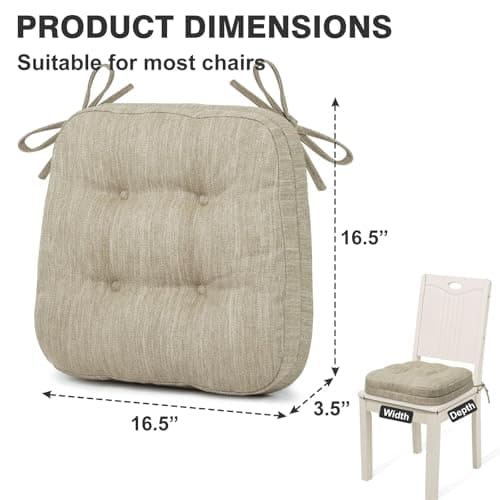 Shinnwa Dining Chair Cushions Set of 6, Dual-Layer Memory Foam Kitchen Chair Cushions, Patented Design Seat Pads with Ties, 16.5 x 16.5 x 3.5in, 6 Pack, Beige