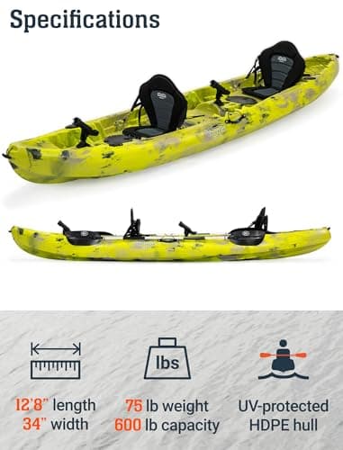 Brooklyn 12.5 Tandem Sit-On-Top Fishing Kayak by BKC, 2–3 Person Kayak with Padded Seats, Paddles, 6 Rod Holders, 600 lb Capacity, Motor-Ready