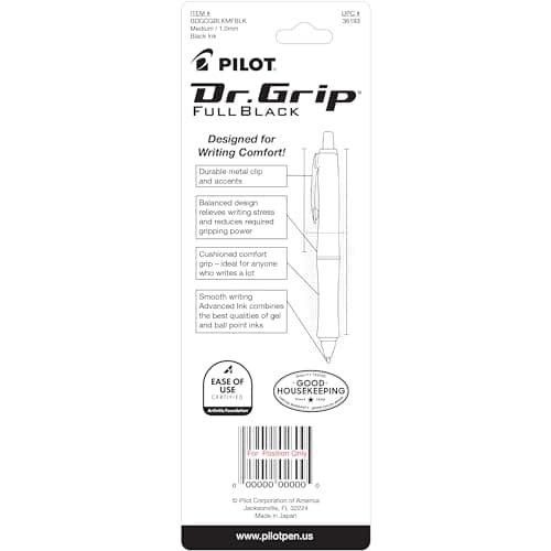 PILOT Dr. Grip FullBlack Refillable & Retractable Ballpoint Pen, Medium Point, Black Ink, Single Pen (36193)- Ideal for School, Journaling & Office Writing