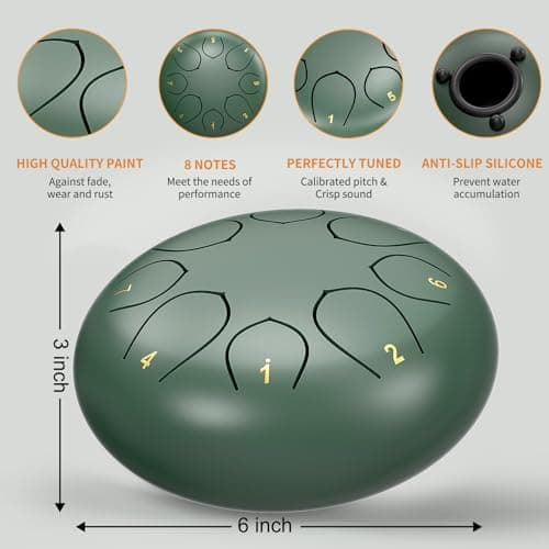 Rain Drum for Outside Garden, 6 Inches 8 Notes Steel Tongue Chakra Drums, Waterproof Meditation Rain Chime, Musical Instruments for Adult Gift with Bag, Music Book, Drum Mallets (Green) B0D9QJNPJ3