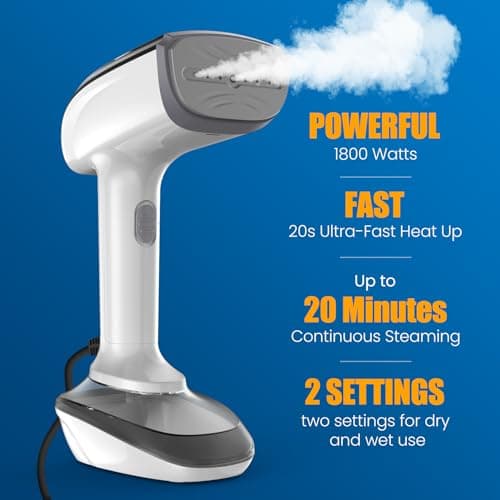 Powerful Handheld Fabric Steamer - 1800W with Fast Ceramic Heat-Up Plate, 2-in-1 Ironing & Wrinkle Remover, Steam Nozzle, Lint Brush - White, for US 120V Only