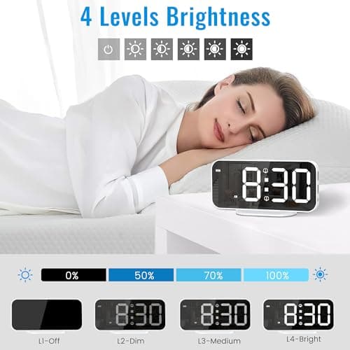Alarm Clocks for Bedrooms, Slim LED Mirror Digital Alarm Clock, Large Display with Diming Mode, Dual Alarms & USB Ports, 4 Levels Brightness, Desk Clock for Office Home Bedroom Living Room Decor