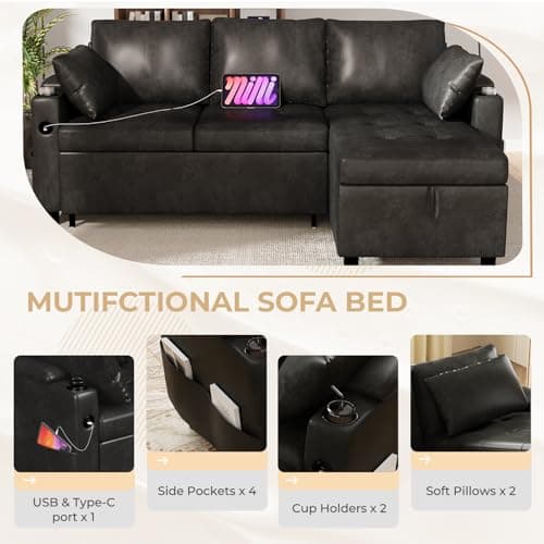 Esright Sleeper Sofa Bed, 3-in-1 Pull Out Couch with Reversible Chaise, Leather Sleeper Sofa with Storage, USB, Cup Holder, Pullout Sectional Couches for Apartment Living Room, Black | Hidden Storage Space