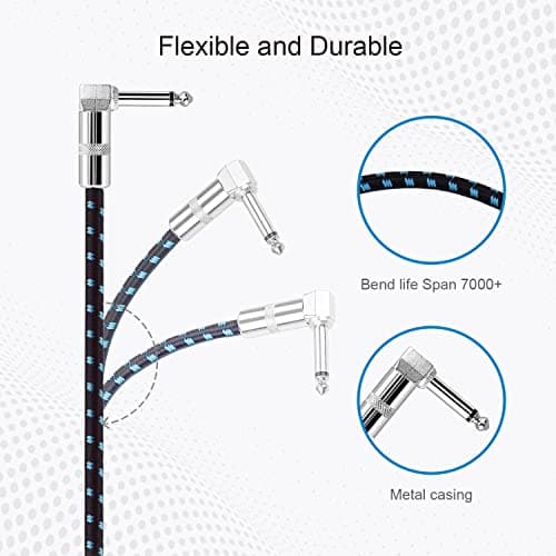 GOGHOST 3-Pack 6 Inch Guitar Patch Cable with 1/4" Right Angle Plugs, Black and Blue Tweed Woven Jacket (Guitar Effect Pedal Board Patch Cables)