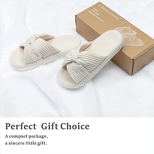 Chantomoo Slippers for Women Memory Foam House Bedroom Corduroy Bow Crossbands Slipper Shoes Comfy Trendy Gift Slippers