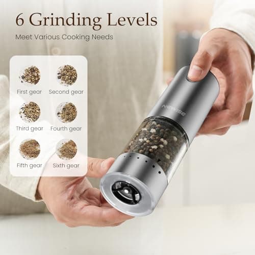 Salt and Pepper Shakers with Adjustable Coarseness, LED Lights, Large Capacity, Kitchen Appliances Gifts for Women Newise Electric Salt and Pepper Grinder Set, Rechargeable, Stainless Steel B0CZCNDWYB