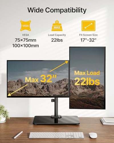 monTEK Freestanding Dual Monitor Stand with Sleek Glass Base for 17-32 inch Screens, Heavy-Duty Dual Monitor Mount Holds 22 lbs per Arm, Fully Motion Height Adjustable, VESA 75/100 MM