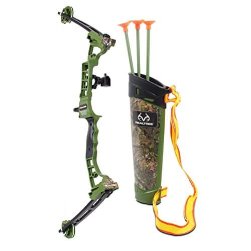 NKOK Realtree Jr. Compound Bow Set; PVC Tipped Suction Cup Arrows Can Be Propelled Up to 40 Feet; 3 Arrows and Target; Red LED Scope; Age 6+