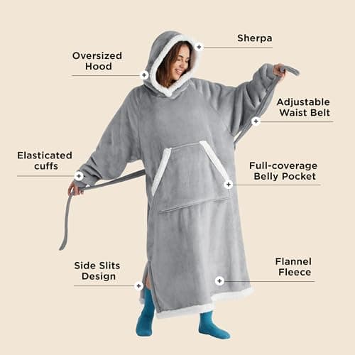 Bedsure Wearable Blanket Hoodie, Long Hooded Blanket Sweatshirt as Birthday Gifts for Women, Cozy Sherpa Hoodie for Adult, Standard, Grey