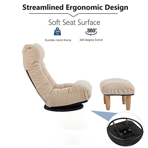 Swivel Lazy Floor Chair with Ottoman, Adjustable Reclining Floor Lounger with Back Support, Comfy Tatami Sofa Seat for Adults Bedroom & Gaming