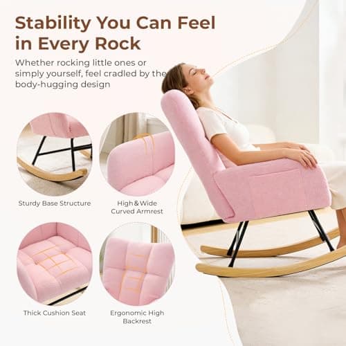 DUMOS Nursery Rocking Chair Teddy Upholstered, Comfy Glider Rocker with High Backrest Armchair Padded Seat, Accent Side Chair for Living Room Bedroom Offices Small Spaces Indoor, Pink