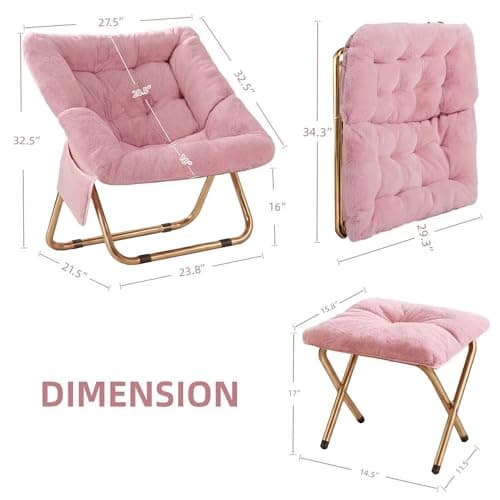 Kasunpul Comfy Saucer Chair, Foldable Living Room Chairs, Soft Faux Fur Lounge Chair for Bedroom, Reading Chairs for Adults, Teens, X-Large (Pink)