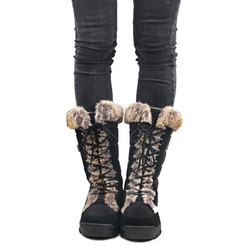 AUSLAND Women's Black Winter Snow Boots Twin Peaks Fur Cuff Mid-Calf Waterproof Lace Up Boots