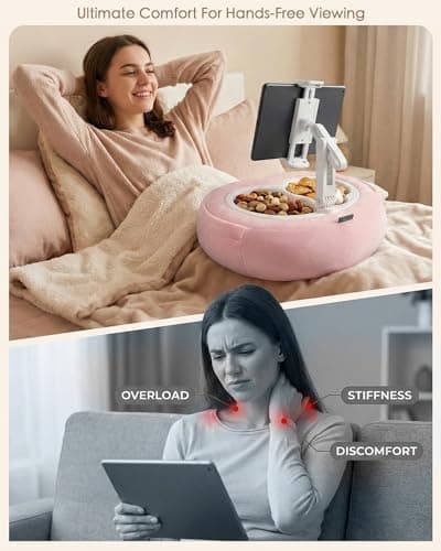 Compatible with Kindle, iPad, Phone and Tablet 5" to 12.9", Soft Plush Fabric, with 2 Snack Bowls, for Reading and Relaxing Miledi Tablet Pillow Stand for Bed with 360° Rotating Holder, Pink B0DJ2NSNFP