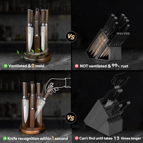 360° Rotatable Block, Japanese Style Chef Knife & Steak Knife Set with Sharpener, Wood Handle, Damascus Pattern, Ideal Gift SYOKAMI 14-Piece Kitchen Knife Set with Magnetic Block, New for 2026 B0CB122YV5