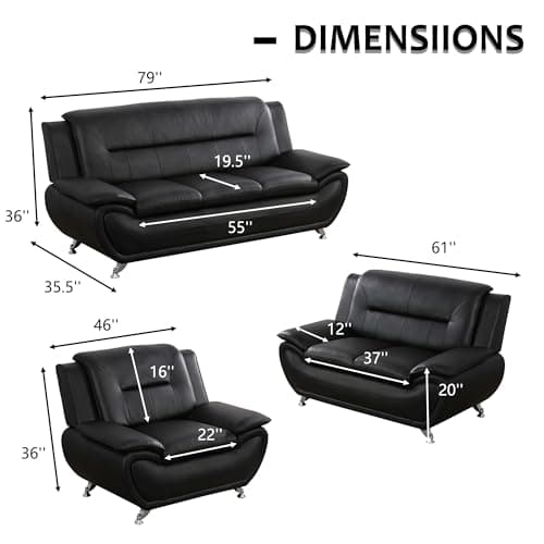Ocstta Modern 3 Piece Living Room Couch Set, Faux Leather Sofa Set, Black