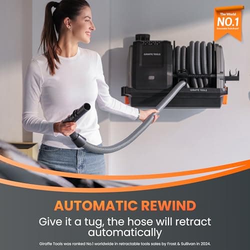 Giraffe Tools Grandstorm Retractable Vacuum Cleaner Wall-Mounted, Shop Wet Dry Vacuum Cleaner with 6 Nozzles for Car Detailing Remote Control Garage Vacuum, Grey