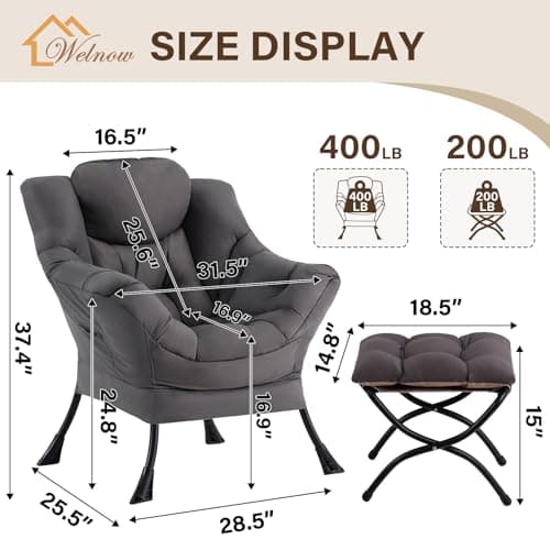 Welnow Lazy Chair with Ottoman, Modern Accent Chair with Armrests and a Side Pocket, Leisure Sofa Armchair, Reading Armchair with Footrest for Small Space, Dark Grey