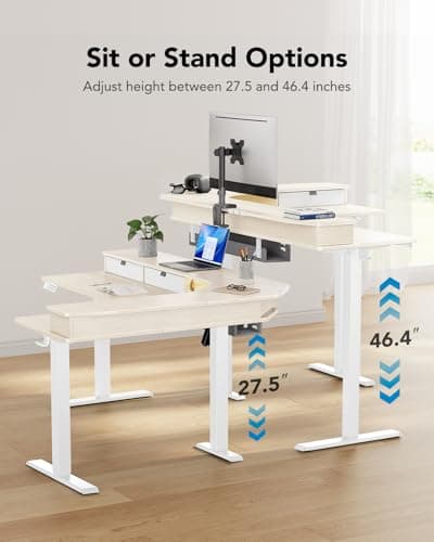 HUANUO 65″ L-Shaped Standing Desk with Power Outlets & LED Strip, Electric Height Adjustable Corner Computer Desk, Sit Stand Up Desk with 3 Drawers, Natural Wood