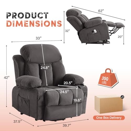 BOSMILLER Power Lift Recliner Chair with Massage and Heat for Elderly, Electric Recliner Single Sofa with Two Cup Holders, Extended Footrest, Side Pocket and USB Charge Port for Living Room
