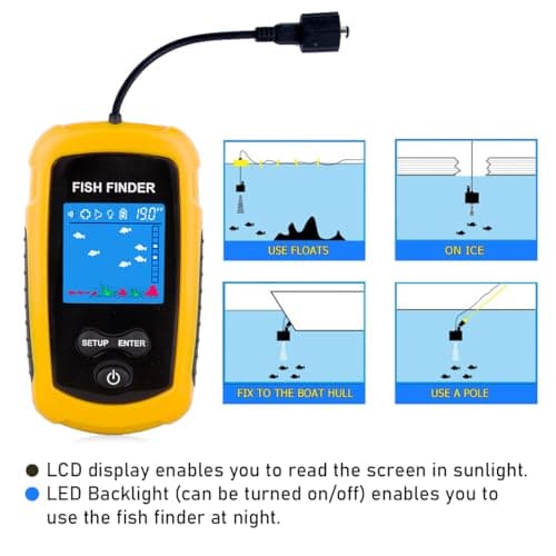 Venterior Portable Wired Fish Finder Ice Kayak Fishing Gear Water Depth Finder Handheld Fishfinder LCD Display Sonar Transducer