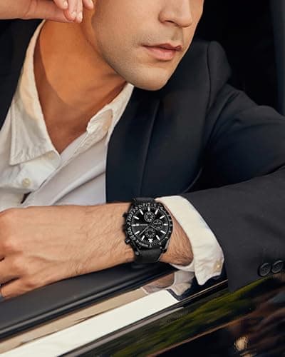 Casotime Men's Leather Band Chronograph Watch - 30M Waterproof Big Face Analog Quartz Date - Work Sport Casual Classical Fashion Designer Dress Wrist Watch - Elegant Gift for Men