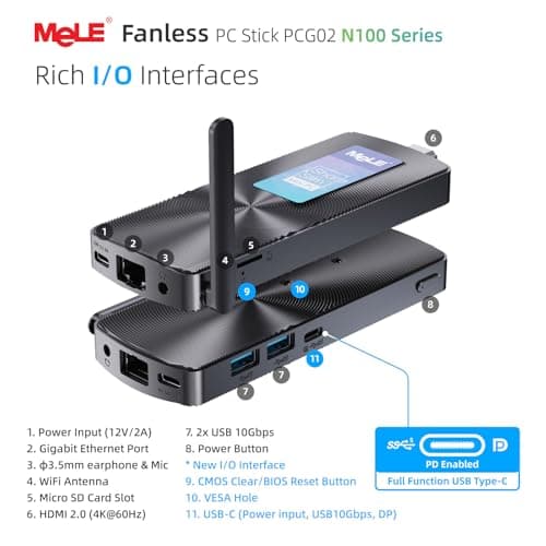 MeLE Fanless Mini PC Stick PCG02, N100 Compute Stick with Windows 11 Pro, 8GB 128GB Micro Desktop Computer, Full Functional USB-C, Gigabit Ethernet BT5.1 on Business Office Industrial IoT Home
