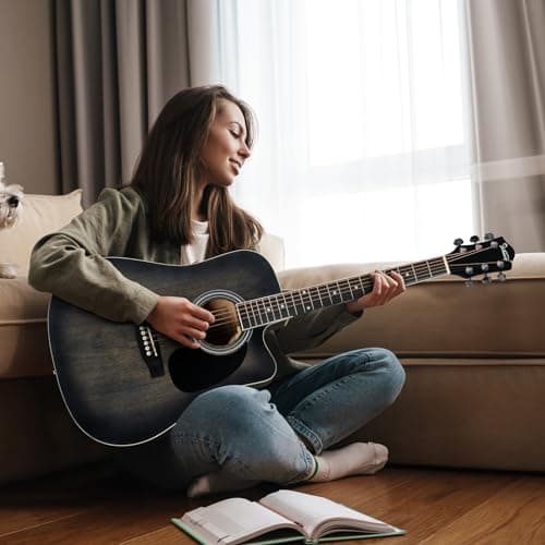 GLARRY Full Size 6 Strings Acoustic Electric Guitar Beginner Kit w/ 15W Amp, Cutaway 41 Inch Electric Acoustic Guitar w/Inbuilt Tuner, Bag, Strap, Picks, Strings, Basswood Guitarra, Distressed Black